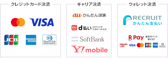 DC、VISA、MASTER、JCB、AMEX、DISCOVER、au、dケータイ払いプラス、Softbank、リクルートかんたん支払い、楽天ペイ